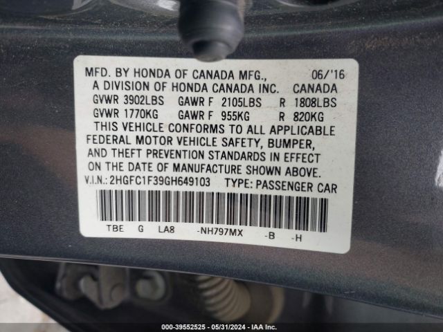 2HGFC1F39GH649103 Honda Civic Ex-t