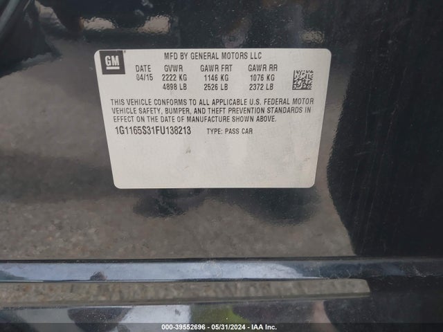 Chevrolet IMPALA 2LZ 2015 1G1165S31FU138213 Image 9