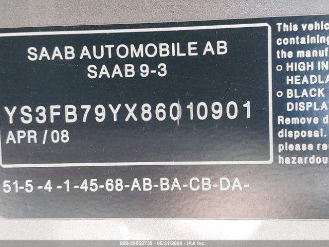 2008 SAAB 9-3 YS3FB79YX86010901 Photo 8