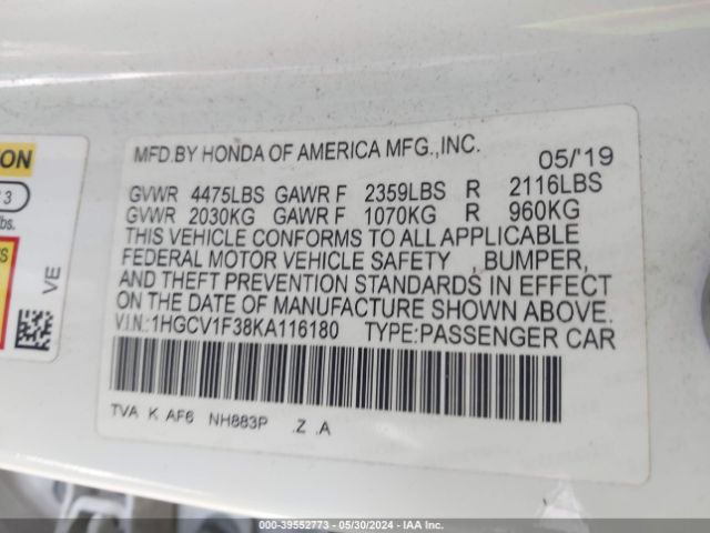 1HGCV1F38KA116180 Honda Accord Sport