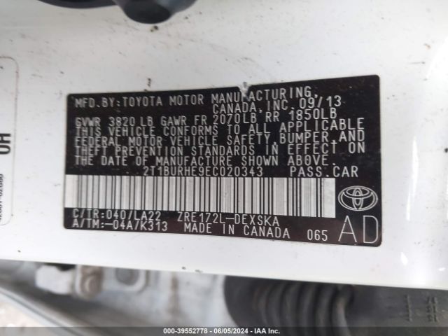 2T1BURHE9EC020343 Toyota Corolla S Premium