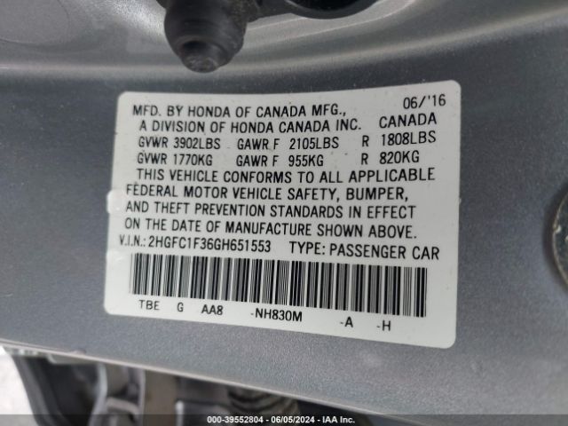 2HGFC1F36GH651553 Honda Civic Ex-t