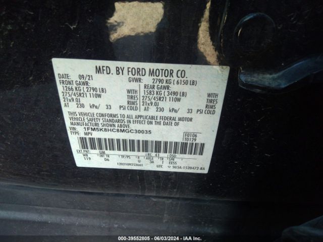 1FM5K8HC8MGC30035 Ford Explorer Platinum