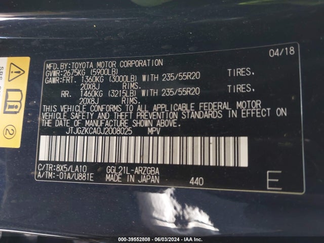 JTJGZKCA0J2008025 Lexus Rx 350l Luxury