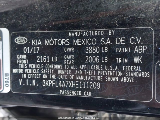 3KPFL4A7XHE111209 KIA FORTE LX