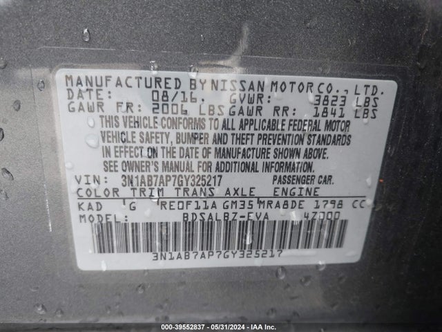 Nissan SENTRA S 2016 3N1AB7AP7GY325217 Image 9