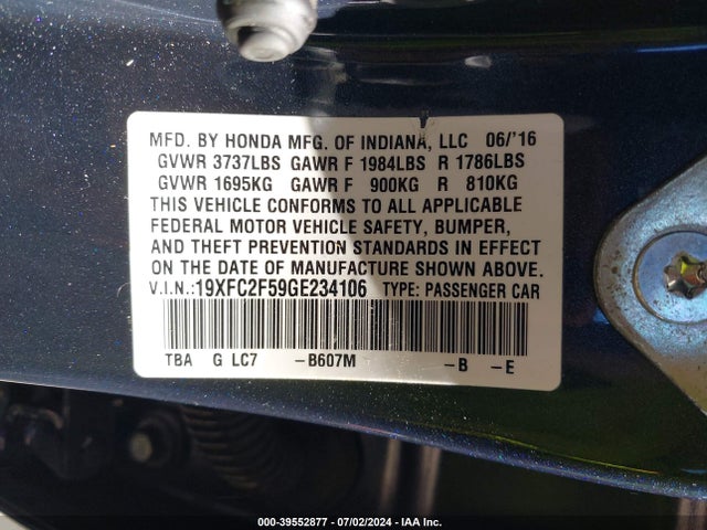 Honda Civic Lx 2016 19XFC2F59GE234106 Image 9