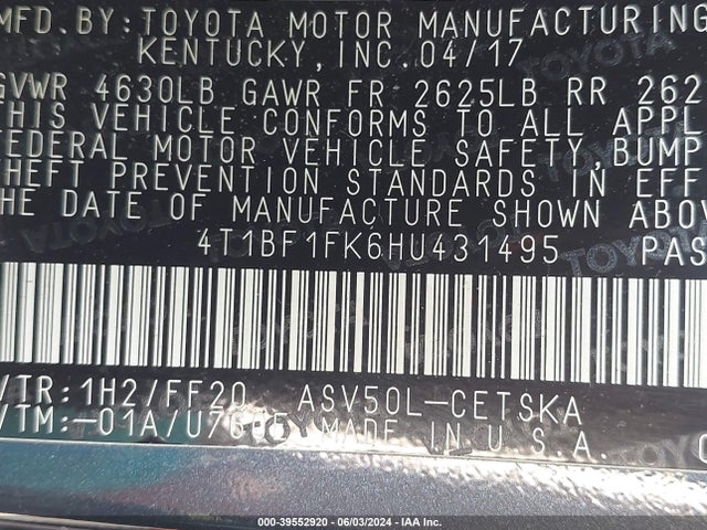 Toyota CAMRY SE 2017 4T1BF1FK6HU431495 Image 9