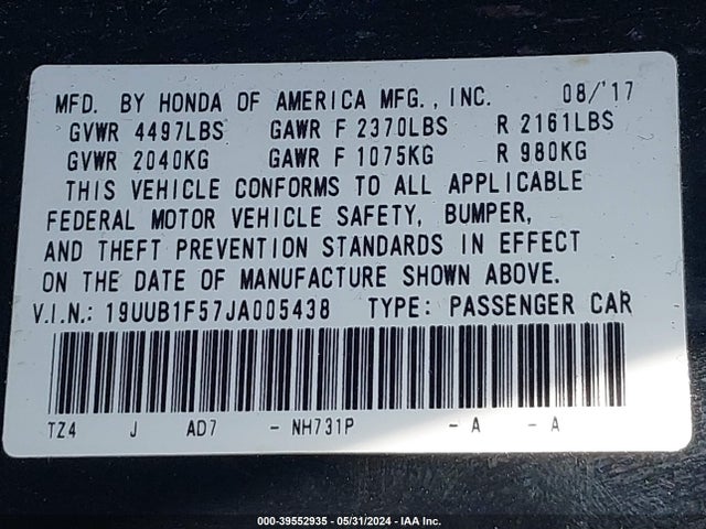 19UUB1F57JA005438 Acura Tlx Tech Pkg