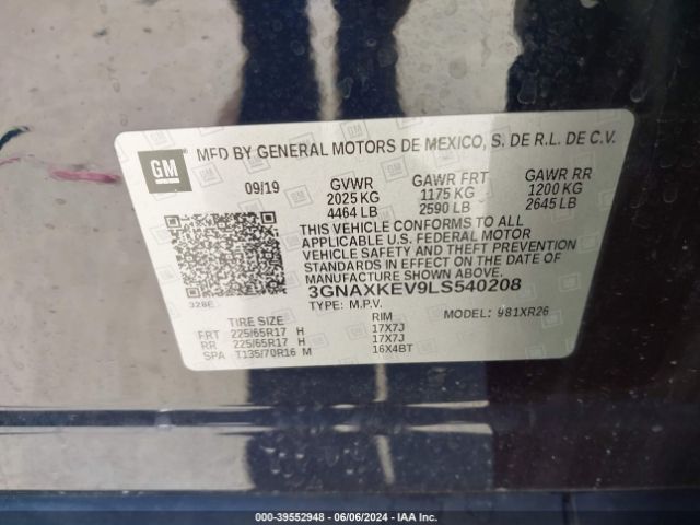 3GNAXKEV9LS540208 Chevrolet Equinox Fwd Lt 1.5l Turbo