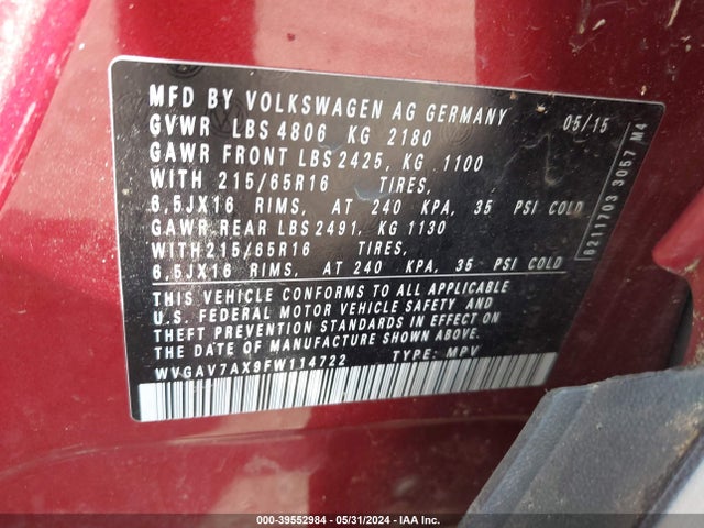 WVGAV7AX9FW114722 Volkswagen TIGUAN S