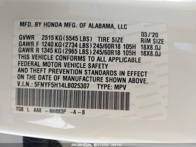 Honda Pilot 2wd Lx 2020 5FNYF5H14LB025307 Image 9