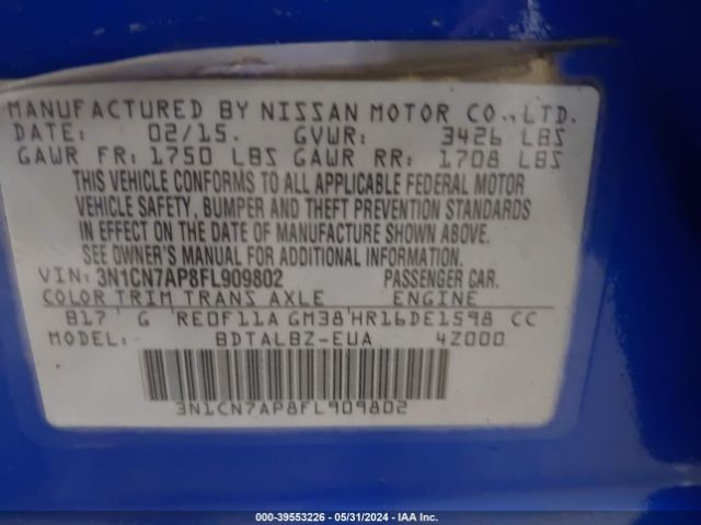 3N1CN7AP8FL909802 Nissan Versa 1.6 S/1.6 S+/1.6 Sl/1.6 Sv