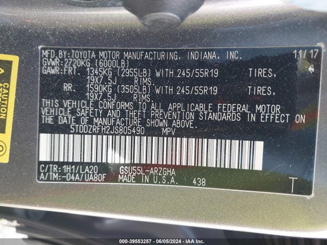 Toyota Highlander Limited Platinum 2018 5TDDZRFH2JS805490 Image 9