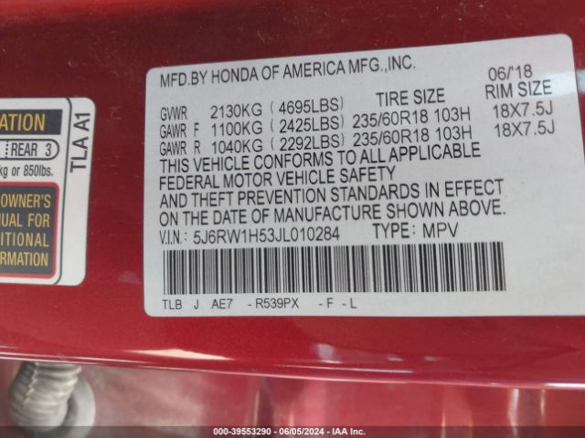 5J6RW1H53JL010284 Honda CR-V EX