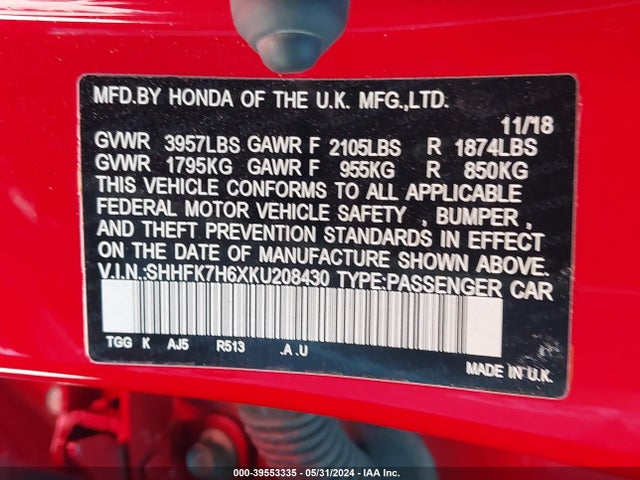Honda CIVIC EX 2019 SHHFK7H6XKU208430 Image 9