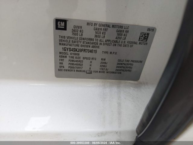 1GYS4SKJ9FR704615 Cadillac Escalade Esv Luxury