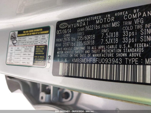 Hyundai Santa Fe Gls 2015 KM8SMDHF8FU093943 Image 9