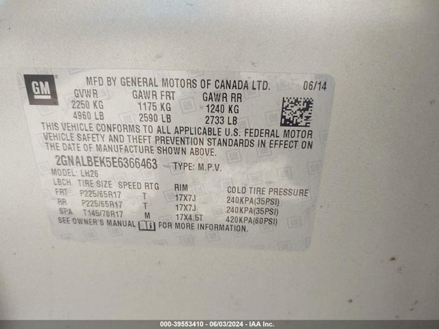 Chevrolet EQUINOX 1LT 2014 2GNALBEK5E6366463 Image 9