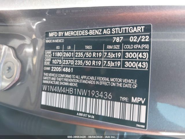 W1N4M4HB1NW193436 Mercedes-Benz Glb 250 4matic