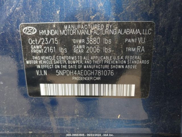 5NPDH4AE0GH781076 Hyundai ELANTRA SE