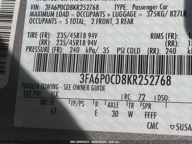3FA6P0CD8KR252768 Ford FUSION SEL