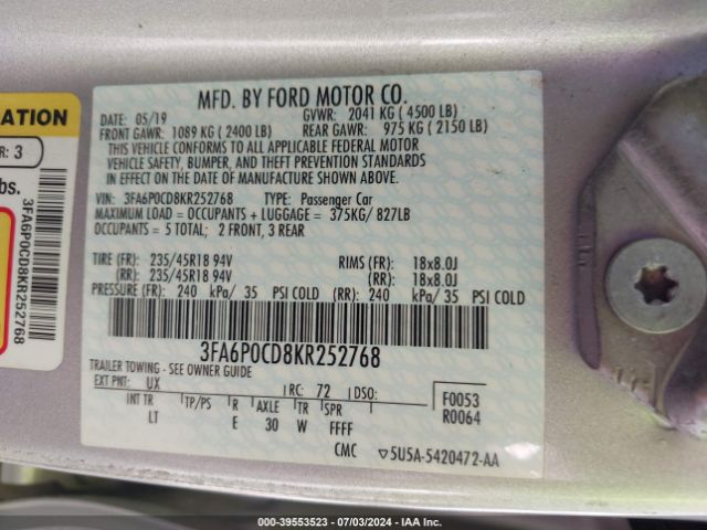 3FA6P0CD8KR252768 Ford FUSION SEL