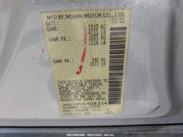 Nissan Altima 2.5 Sl 2015 1N4AL3APXFN408354 Image 9