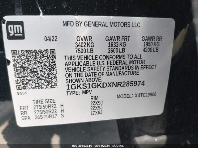 1GKS1GKDXNR285974 GMC Yukon Xl 2wd Slt