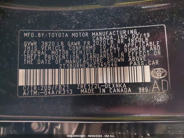 Toyota COROLLA LE 2019 2T1BURHE3KC245546 Image 9