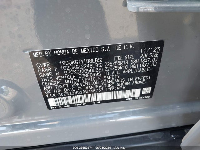 39553671 :رقم المزاد ، 3CZRZ2H52RM746737 vin ، 2024 Honda Hr-v Awd Sport/awd Sport W/o Bsi مزاد بيع