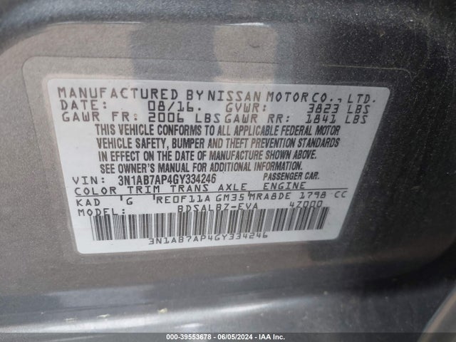 Nissan SENTRA S 2016 3N1AB7AP4GY334246 Image 9