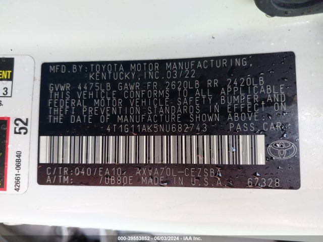 Toyota CAMRY SE 2022 4T1G11AK5NU682743 Image 9