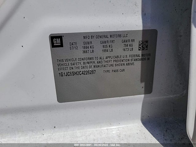 2012 Chevrolet Sonic 2lt მანქანა იყიდება აუქციონზე, vin: 1G1JC6SH2C4226287, აუქციონის ნომერი: 39553891