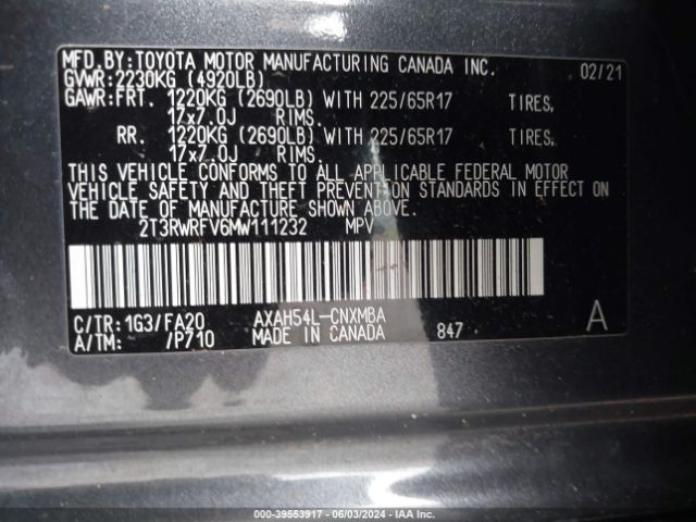 2T3RWRFV6MW111232 Toyota Rav4 Xle Hybrid