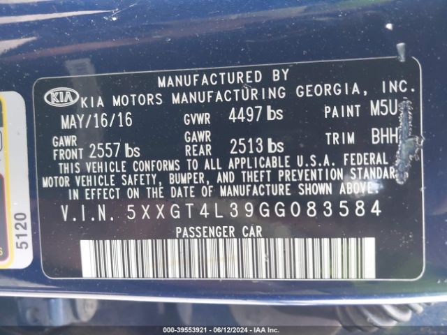 5XXGT4L39GG083584 KIA Optima Lx
