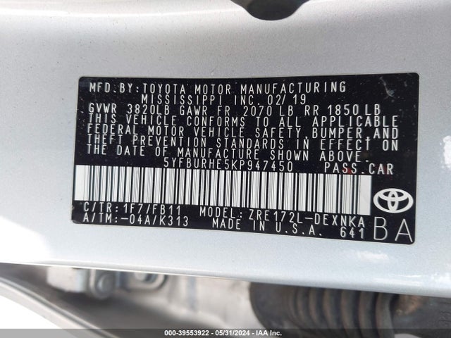 Toyota COROLLA LE 2019 5YFBURHE5KP947450 Image 9