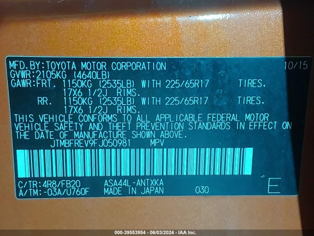 Toyota RAV4 LE 2015 JTMBFREV9FJ050981 Image 9