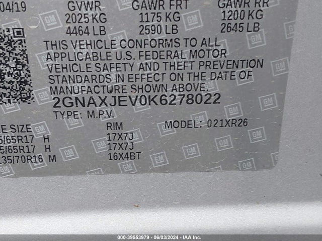 Chevrolet EQUINOX LT 2019 2GNAXJEV0K6278022 Image 9