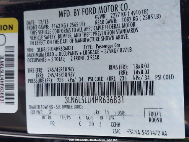 3LN6L5LU4HR636831 Lincoln Mkz Hybrid Select