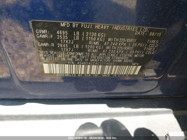 Subaru Outback 2.5i Premium 2016 4S4BSACC4G3214685 Image 9