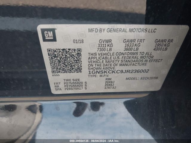 1GNSKCKC9JR236002 Chevrolet Tahoe Premier