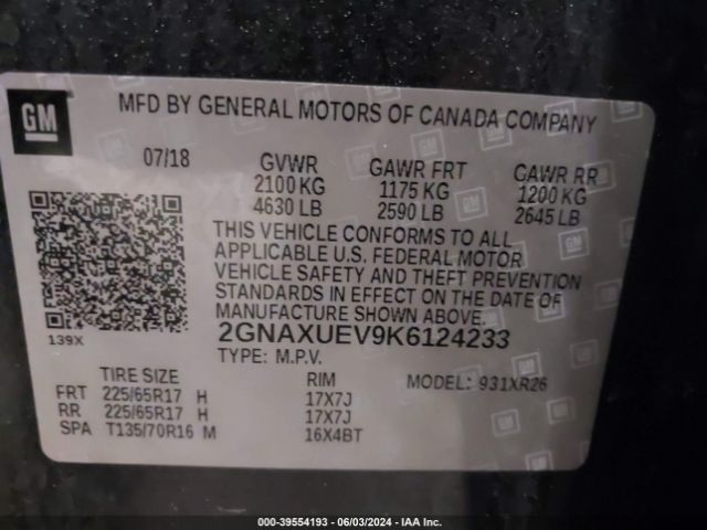 2GNAXUEV9K6124233 Chevrolet EQUINOX LT