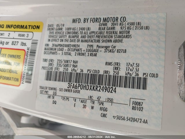Ford FUSION SE 2019 3FA6P0HDXKR249024 Image 9