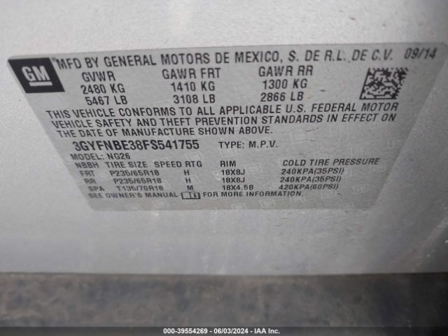 3GYFNBE38FS541755 Cadillac Srx Luxury Collection