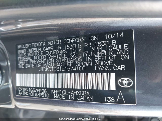 JTDKDTB31E1574100 Toyota Prius C Three