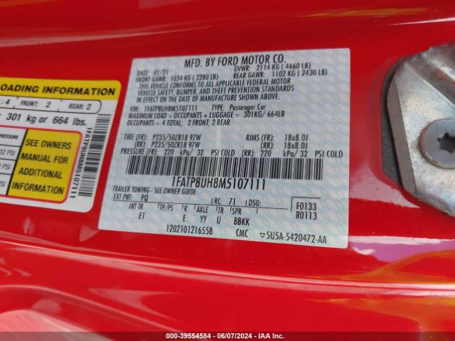 1FATP8UH8M5107111 Ford Mustang Ecoboost Premium