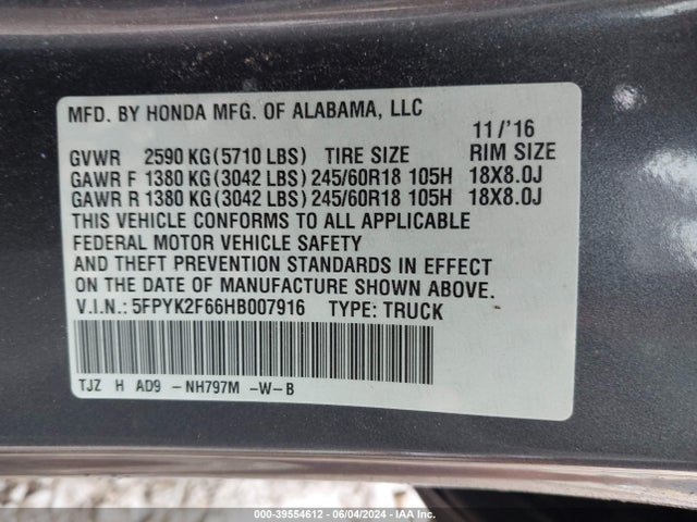 Honda Ridgeline Rtl-t 2017 5FPYK2F66HB007916 Image 9