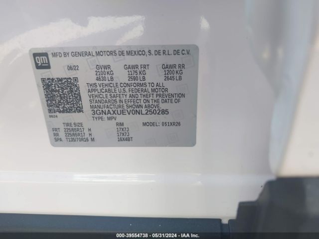 3GNAXUEV0NL250285 Chevrolet Equinox Awd Lt