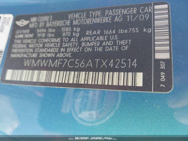 2010 MINI COOPER S WMWMF7C56ATX42514 Photo 8